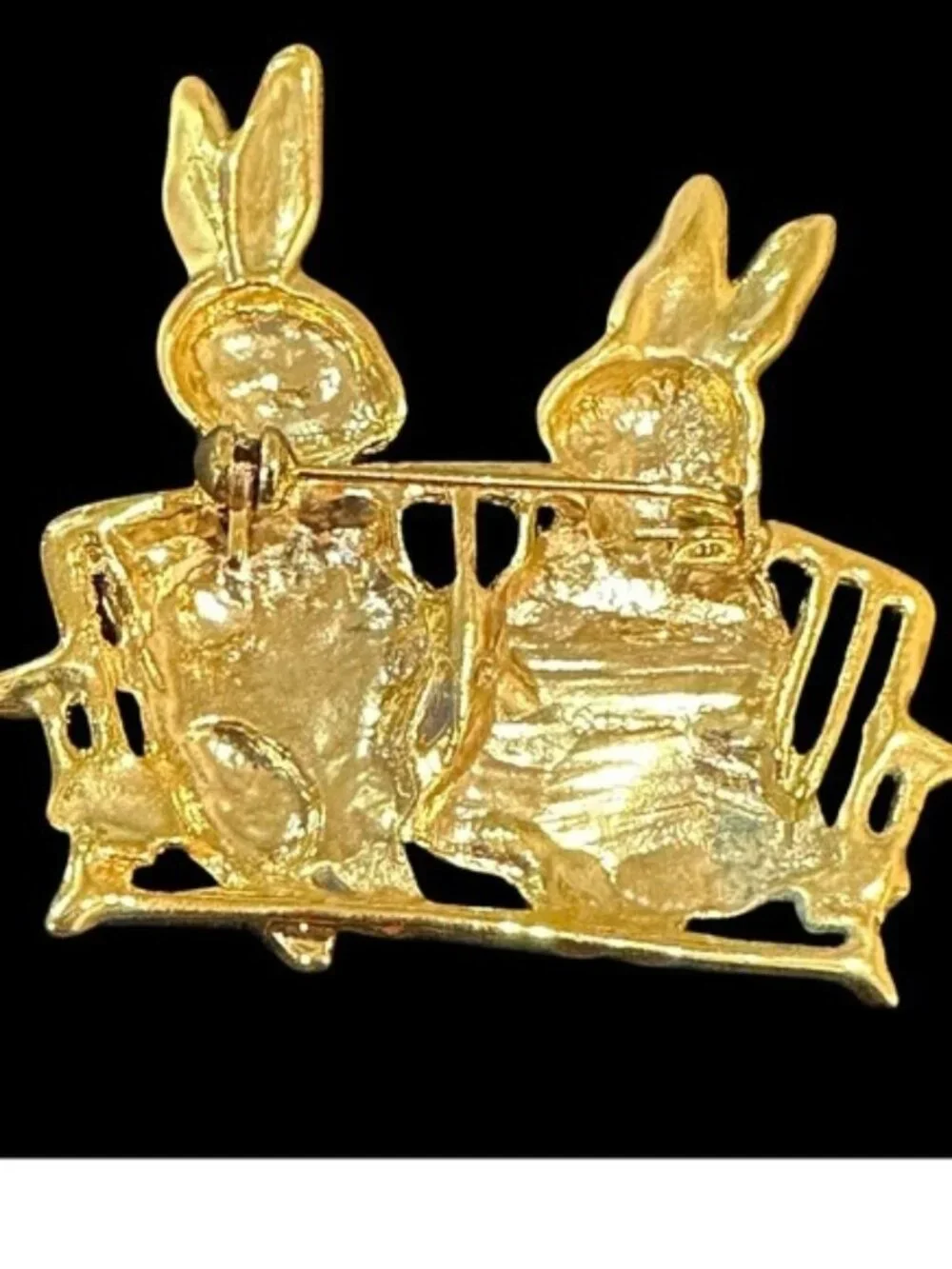Vintage Gold-Tone Bunny Couple Brooch Sitting On A Bench